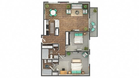 Floor plan for 2 beds, 2 baths, 1030 sqft